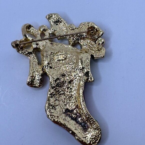 Tanya Creations Christmas Brooch Pin Stocking Holly Enamel Rhinestones 2.25 in - Picture 5 of 6